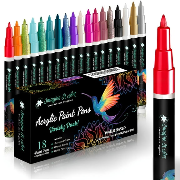 Acrylic Paint Markers, 18 Colors, 0.7mm Fine Tip Art Markers, Paint Pens Paint Markers, Great for Rock Painting Glass Wood Ceramic Fabric Metal Canvas featuring 4 Metallics 4 Glitters