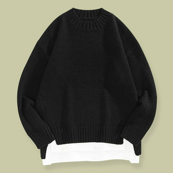 COSFO Knit Mens Sweaters for Cold Weather Crew Neck Solid Black Long Sleeve Sweaters Drop Shoulder Mens Pullover Sweater