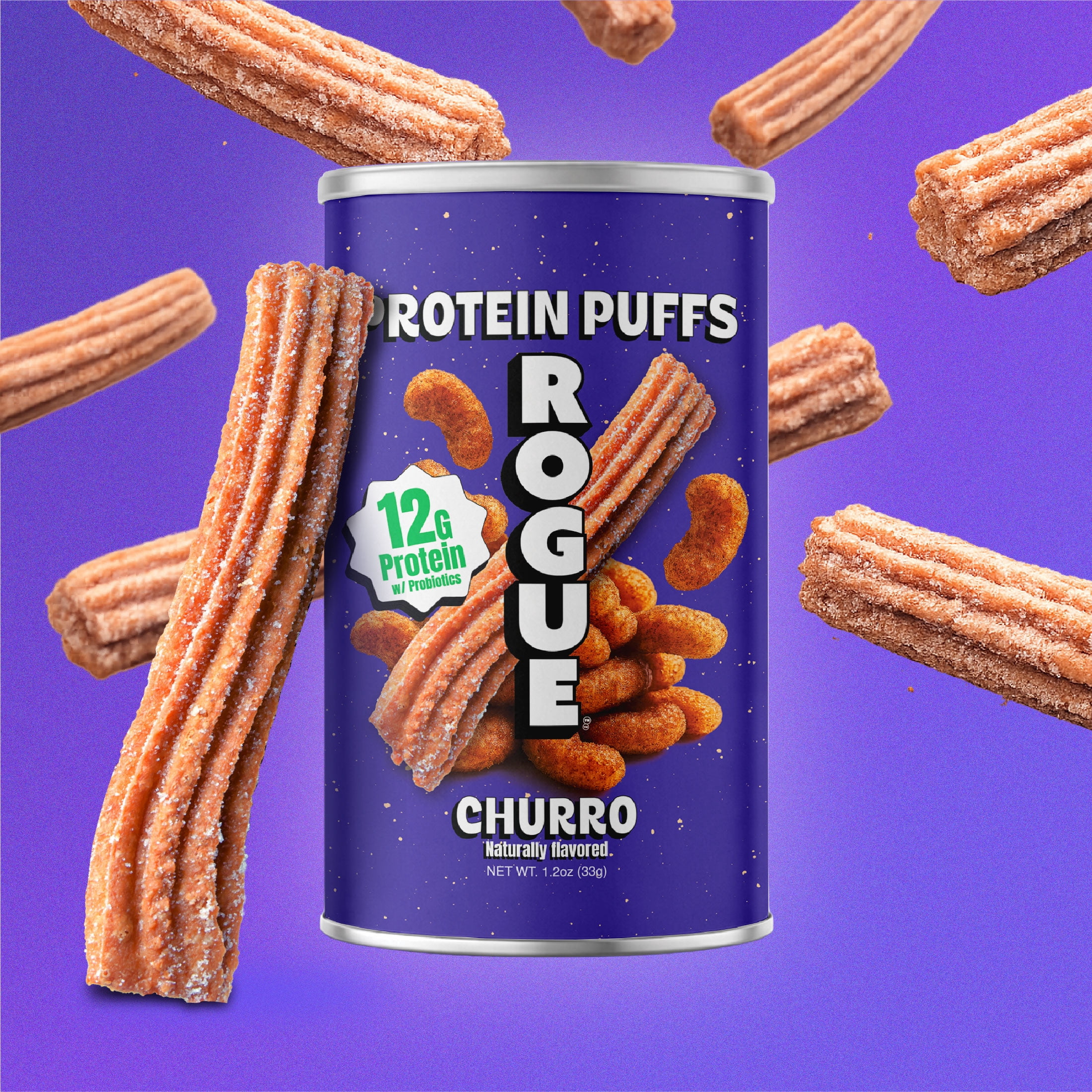 Rogue Snacks, Churro  Puffs, 12g Protein, Probiotics, 1.2 oz Can