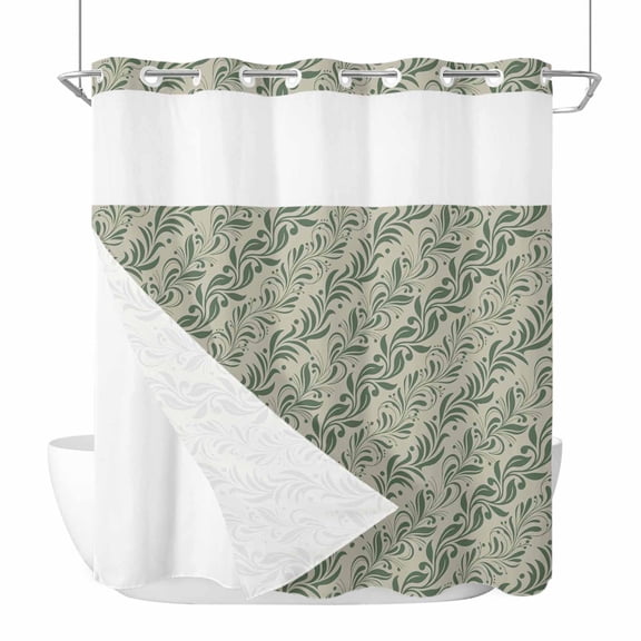 No Hook Shower Curtains with Snap-in Liner Set, Green Floral Waterproof Hotel Style Bathroom Shower Curtain, Spring Flowers Pattern Botanical Vintage Breathable Mesh Top Bath Curtains 72''x78''
