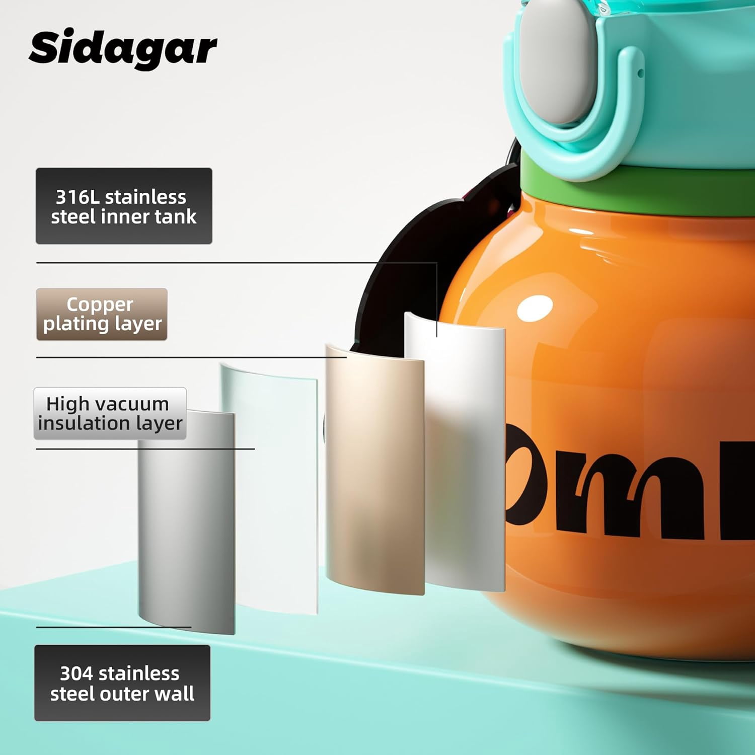 Sidagar 27 oz Stainless Steel Vacuum Insulated Water Bottle with Straw and Carry Handle, Orange