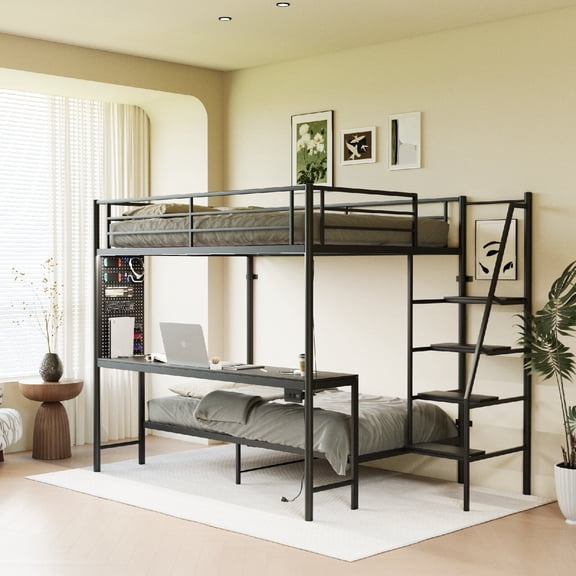 Twin Over Full Size Bunk Bed Frame with Charging Station and Desk, Metal Bunk Bed with LED Lights and Stair for Bedroom, Apartment, Dorm, Space Saving Design, Mattress Not Included, Black