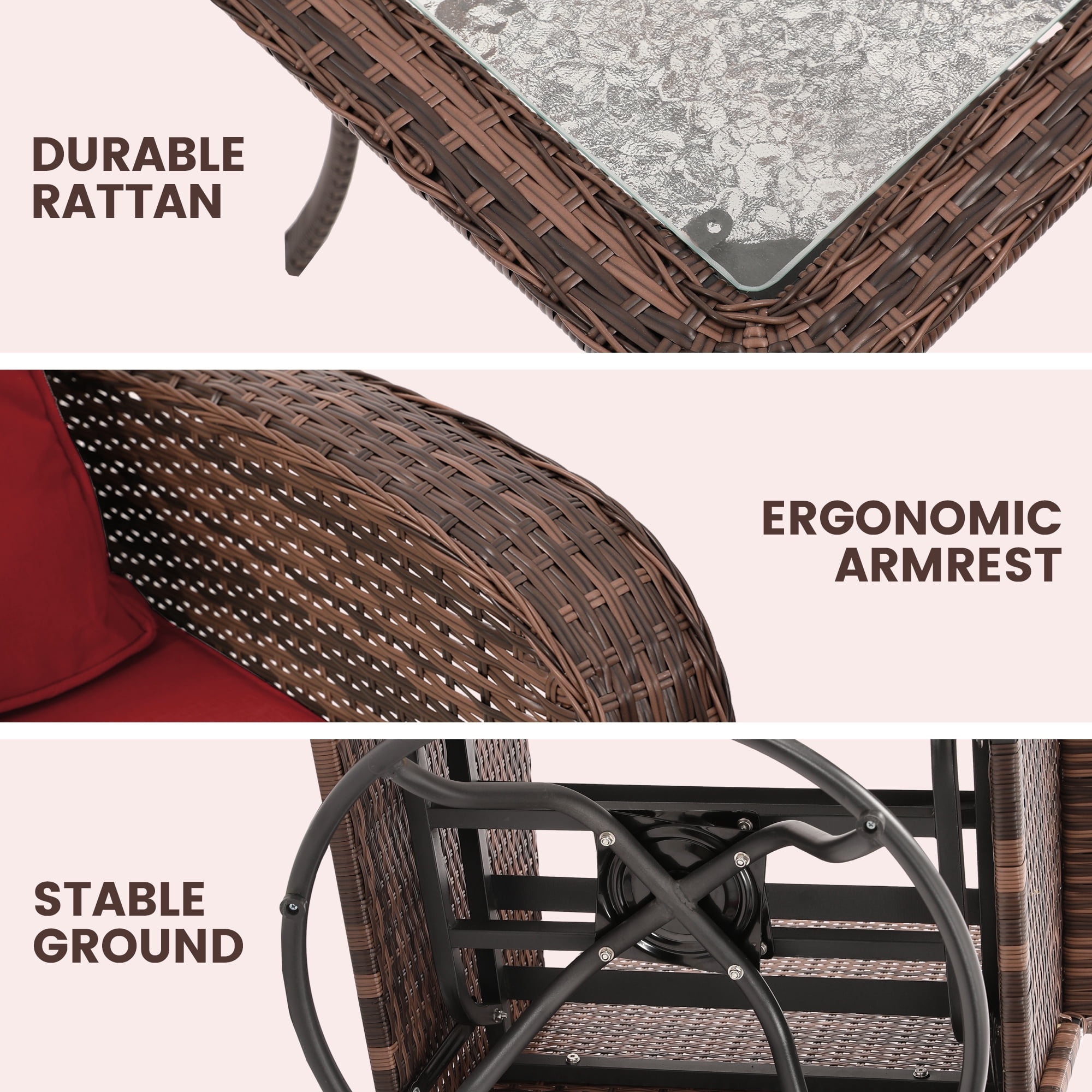 LOGYAT Outdoor Swivel Wicker Pulley Patio Chair with Washable Cushions, Two Chairs and a Tempered Glass Top Table, Ideal for Porches, Balconies, Decks, Brown Rattan， Red Cushion