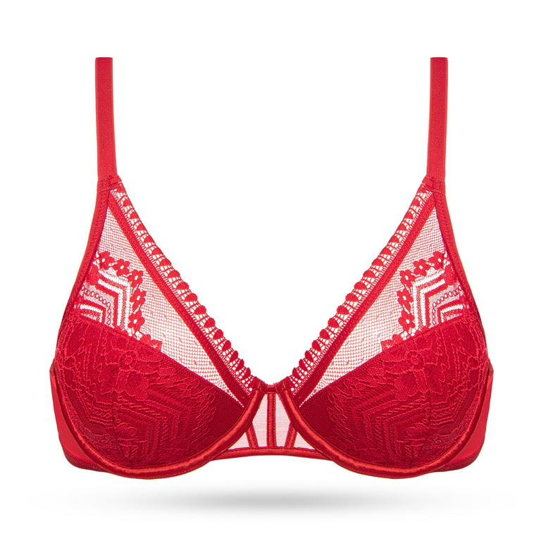 Deyllo Women's Sexy Lace Push Up Bra Padded Floral Contour Underwire  Lightly Lined Plunge Bra,Red 34B 