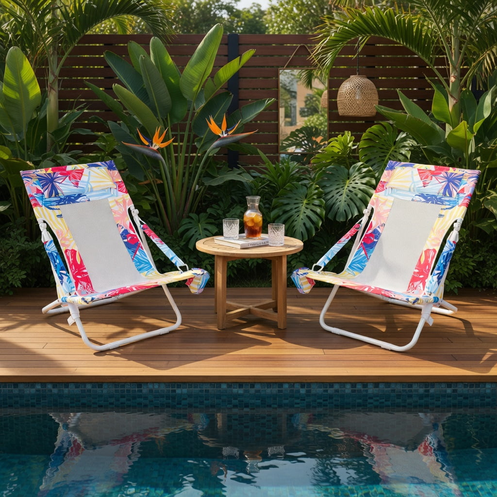 Hommoo 2-Pack Foldable Low Beach Chairs with Padded Headrest, Breathable Mesh Back & Cup Holder, Patio Sling Chairs for Outdoor, Pool, Camping, Pink