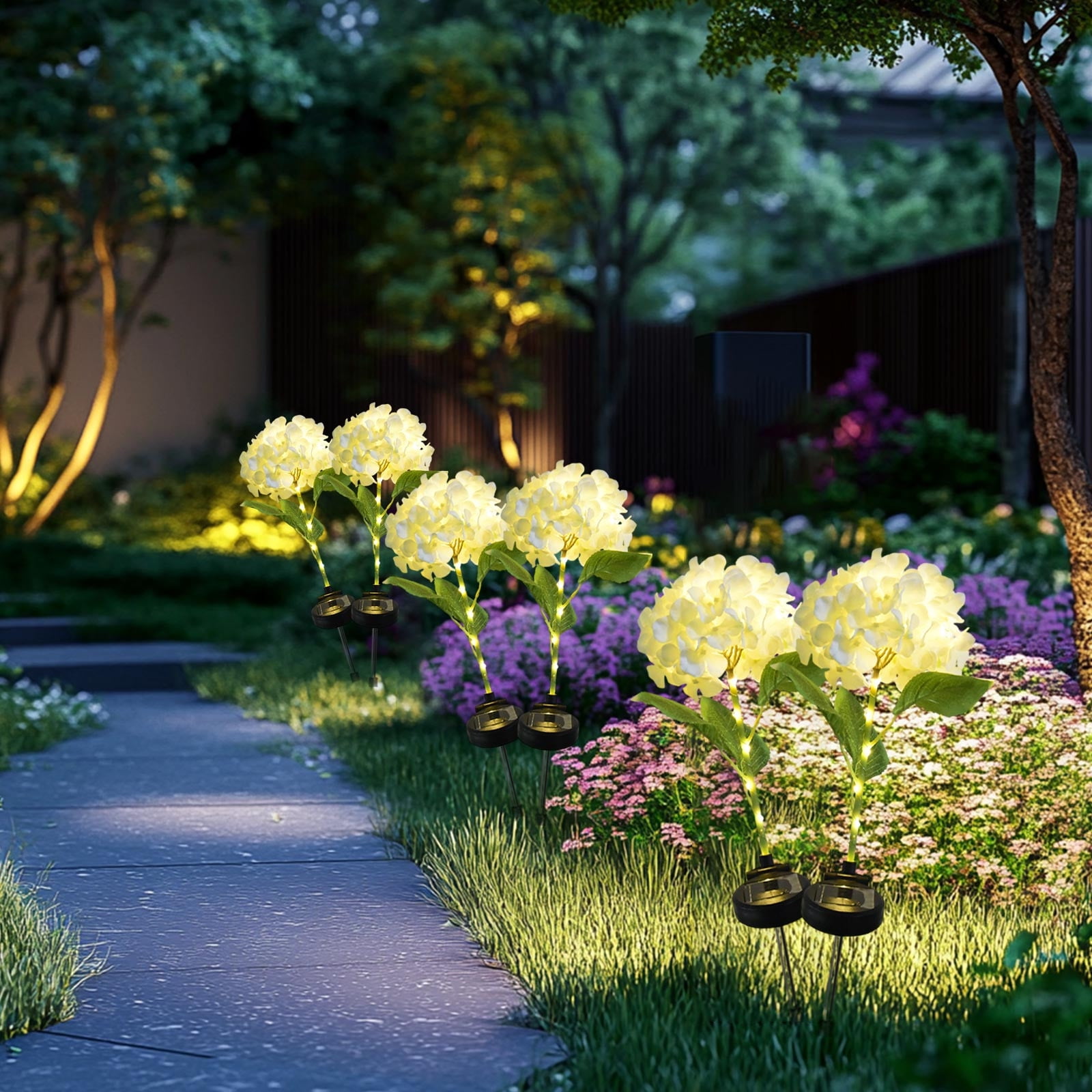Summer Savings Clearance! Boovnll Solar Flowers Outdoor Water Proof, 2 Pack Artificial Hydrangea Bouquet Outdoor Solar Lights, Solar Flowers for Outdoor Garden Yard Patio Decor, Solar Garden Lights