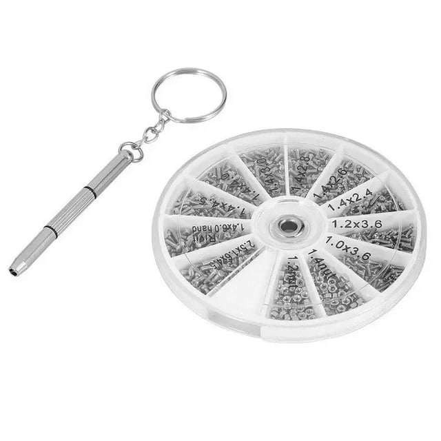 Juego de 600 piezas de tornillos para reparación de gafas y relojes, con organizador giratorio y destornillador.