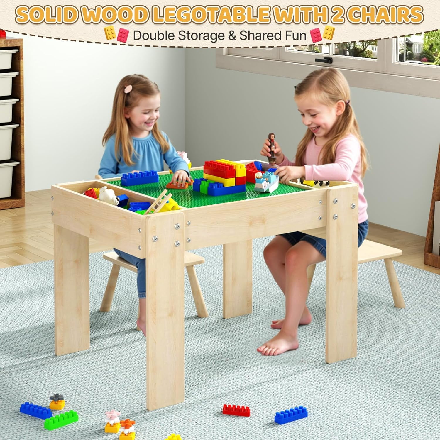 Building Blocks Table with Storage for Kids, Wooden Table Fits Legu Bricks for Toddlers Ages 3+, Kids Activity Play Desk with 2 Chairs, 31.29''X 22.44''X 19.69'' ( Table Only)