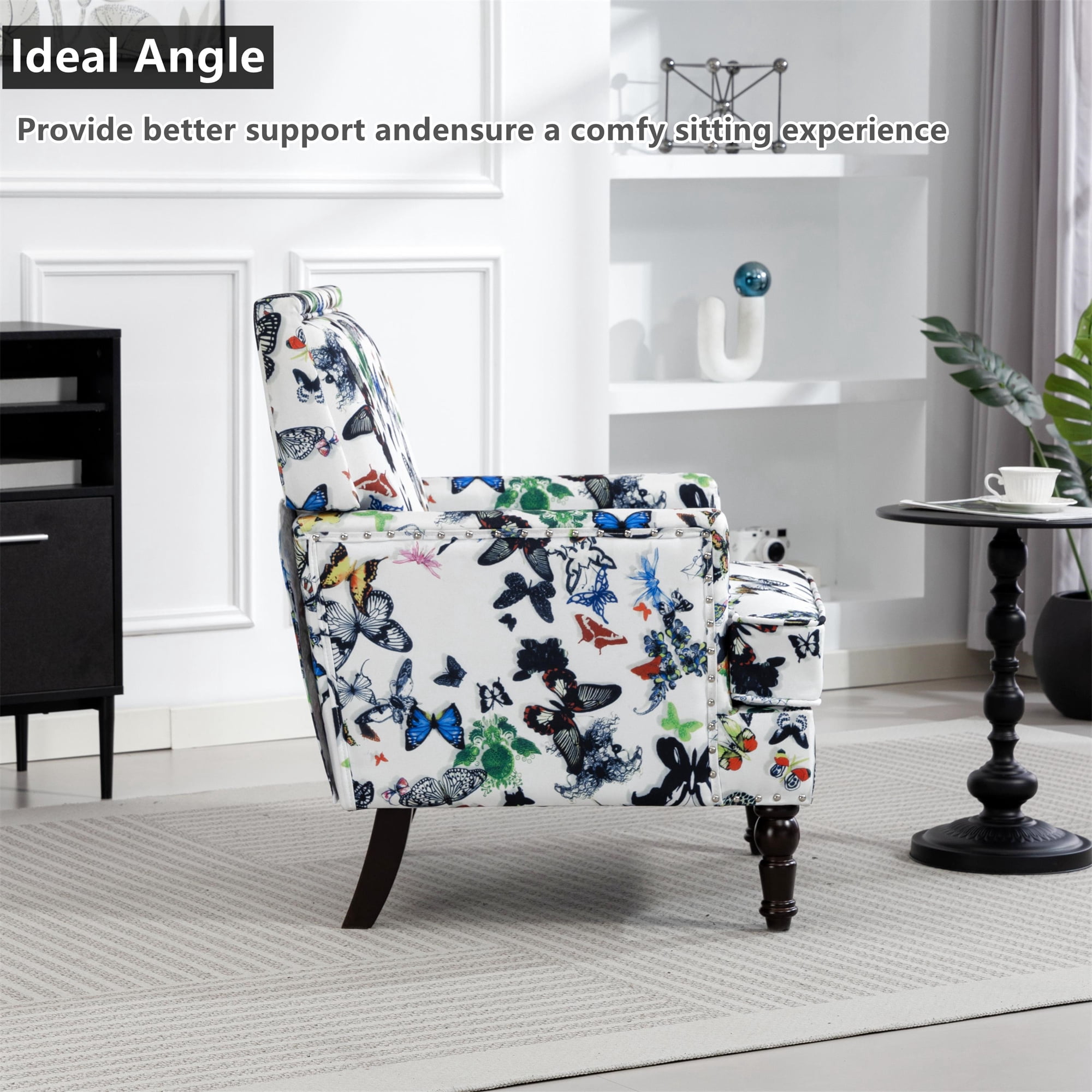 Aukfa Accent Chair Mid-Century Modern High Back Armchair Lounge for Living Room, Rivet Trim, Butterfly Pattern