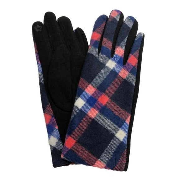 Womens Blue Pink & Gray Plaid Stretch Fit Texting & Tech Touchscreen Gloves