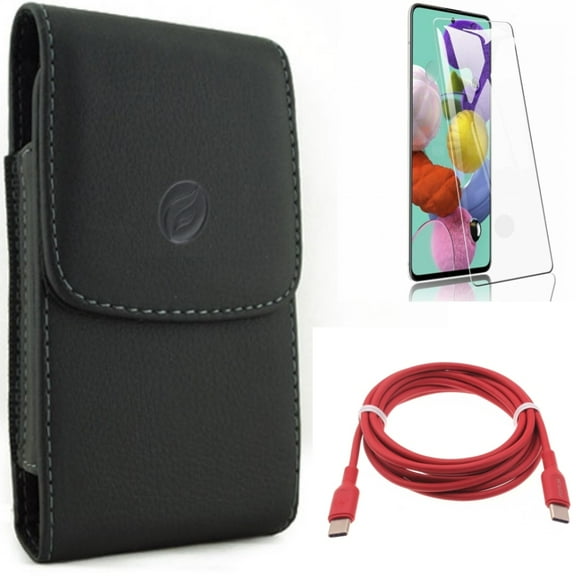 Case Belt Clip w Screen Protector w Red 6ft Long Cable for Samsung Galaxy S20 - Leather Holster, Tempered Glass [Fingerprint Unlock], USB-C to Type-C PD Fast Charger X9W fits Samsung Galaxy S20 Model