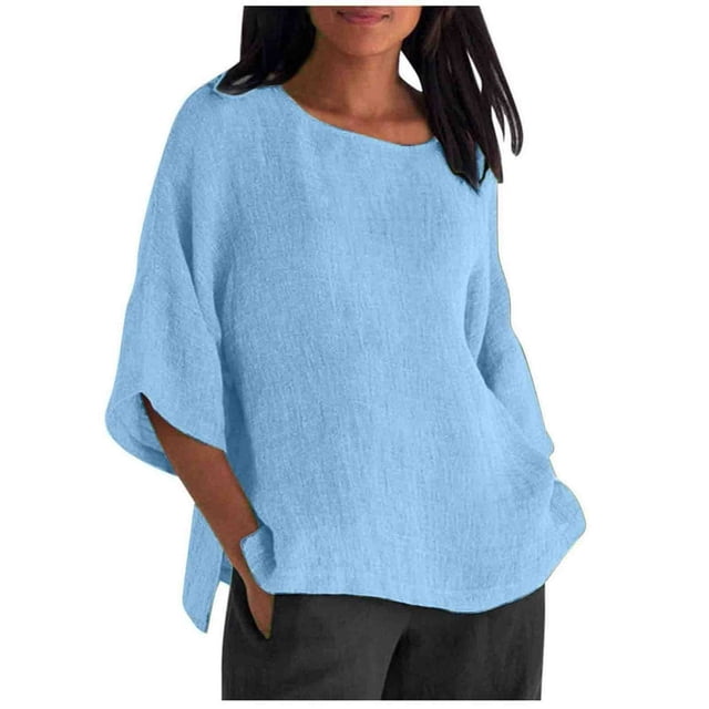 CHOK Chemises en Lin pour Femmes Coupe Ample Été 2023 Manches Mi-Longues Col Rond Tunique Confortable Fente Latérale Blouse Basique