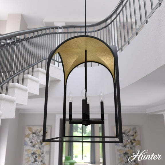 Hunter - Dukestown 4-light Natural Black Iron, Medium Size Pendant Light, Dimmable, Formal Style, Lantern Shaped, for Bedrooms, Dining, Living Rooms - 19733