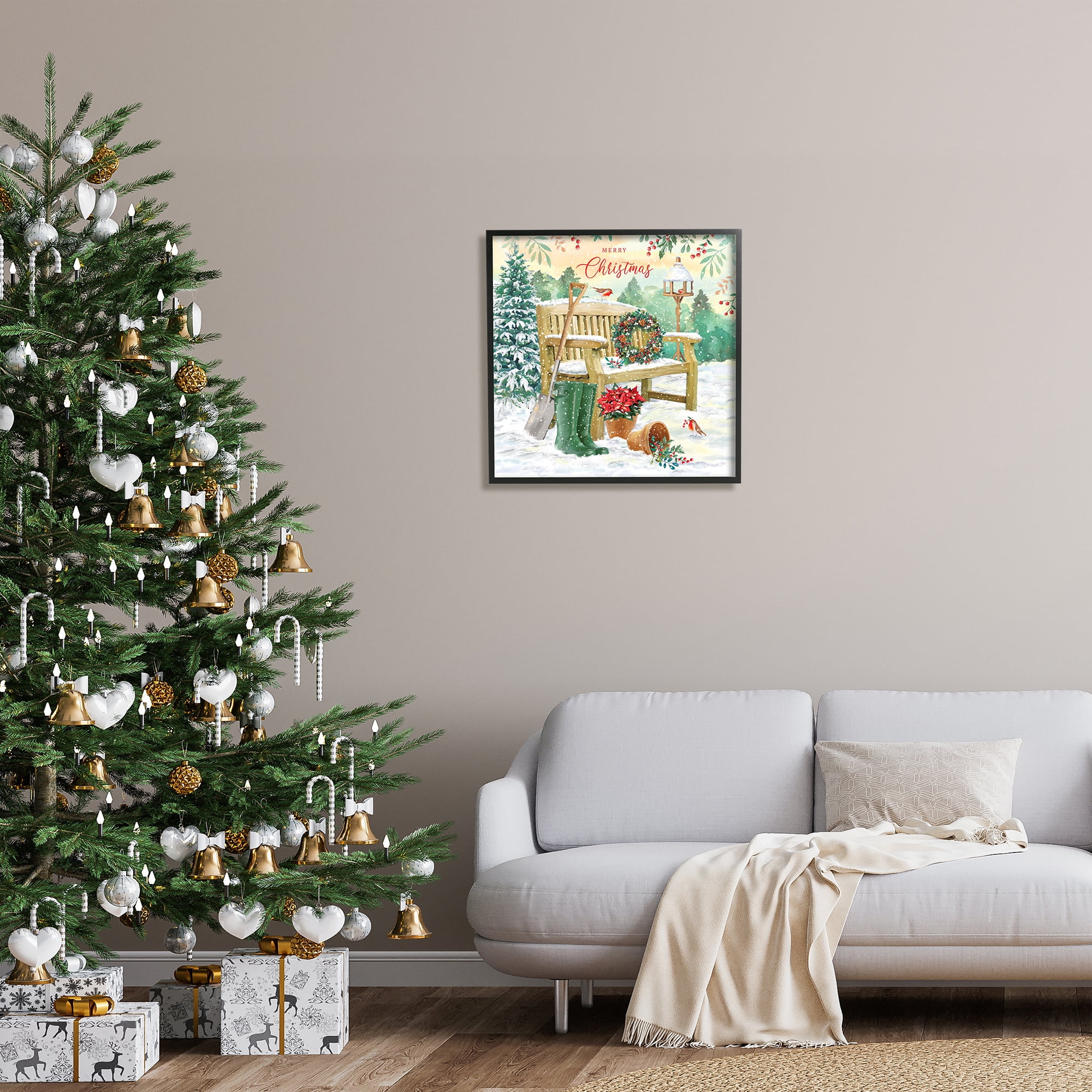 Stupell Industries Merry Christmas Winter Bench Holiday Painting Black Framed Art Print Wall Art