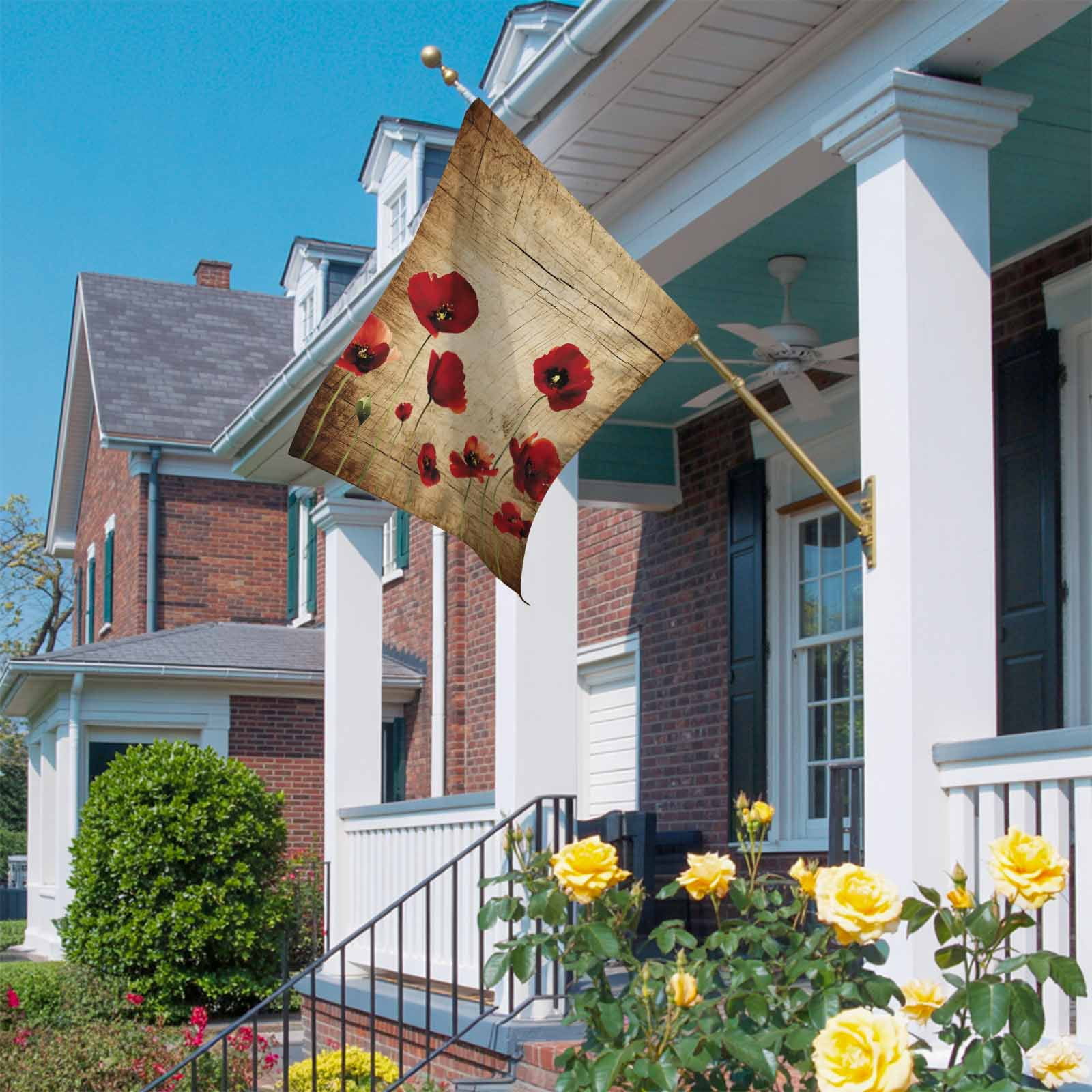 Red Flowers House Flag 28 x 40 Inches, Vintage Red Floral Brown Wood Grain Weather Proof Outdoor Patio Flags Double Sided Small House Decoration for Yard Lawn Outside Home