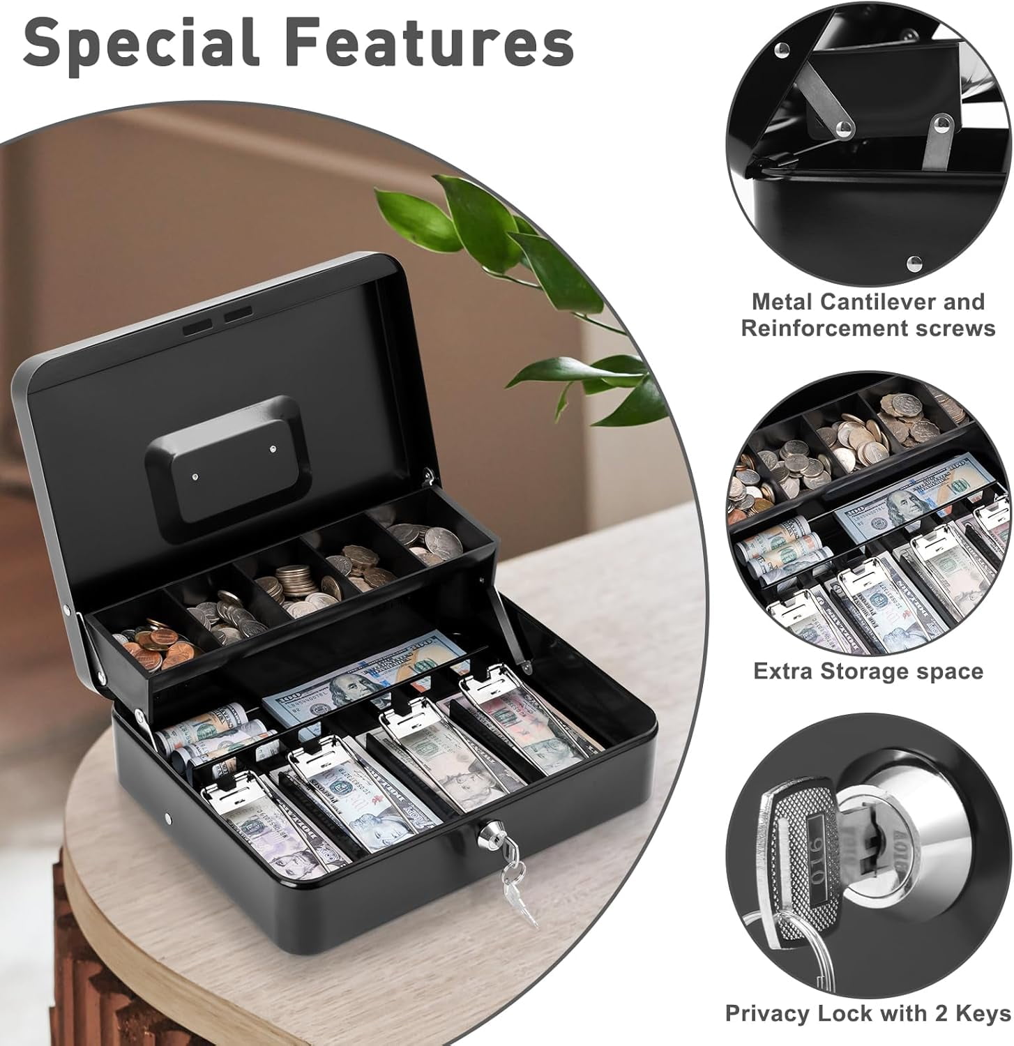 Cash Box Metal Money Box with 5 Coin Trays Cantilever Design & 4 Bill Slot with Spring Clips to Organize and 2 Keys Lock Box Suitable for Valuables 11.8x9.44x3.54in Size