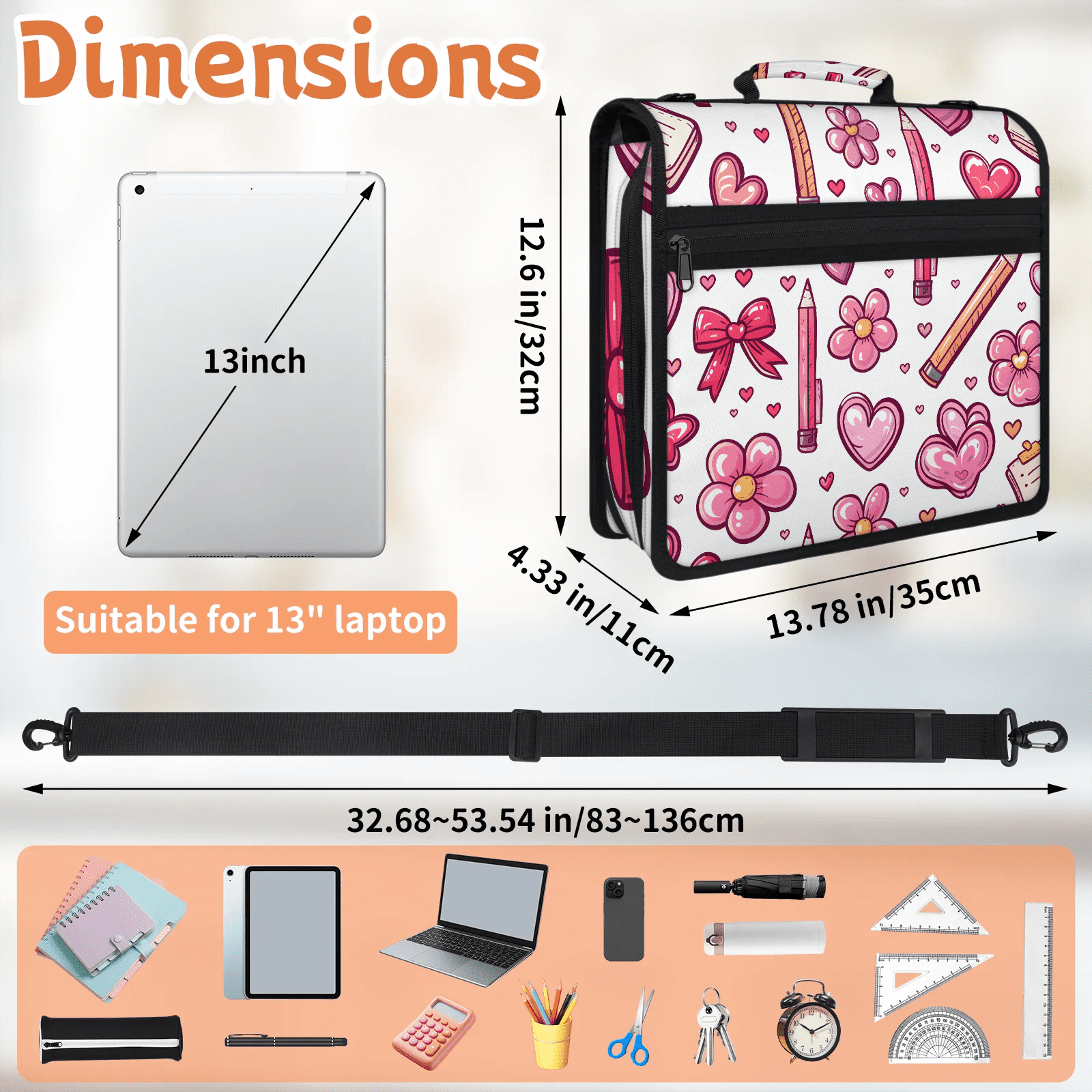 Multi Pocket Zipper Binder, 3 Ring A4 Folder with Handle and Shoulder Strap, Large Capacity Portable Document Organizer Bag for Papers, Tablet, Essentials, 13.78 Inch