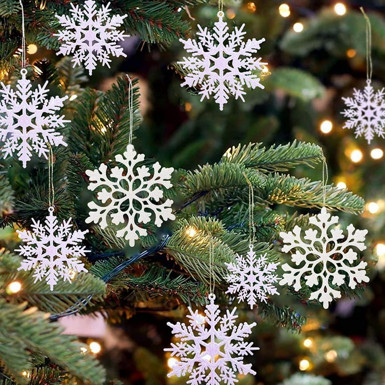 36Pcs Glitter Snowflake Ornaments 4 Inch White Plastic Christmas Tree  Decorations Glittery Snowflakes for Winter Wonderland