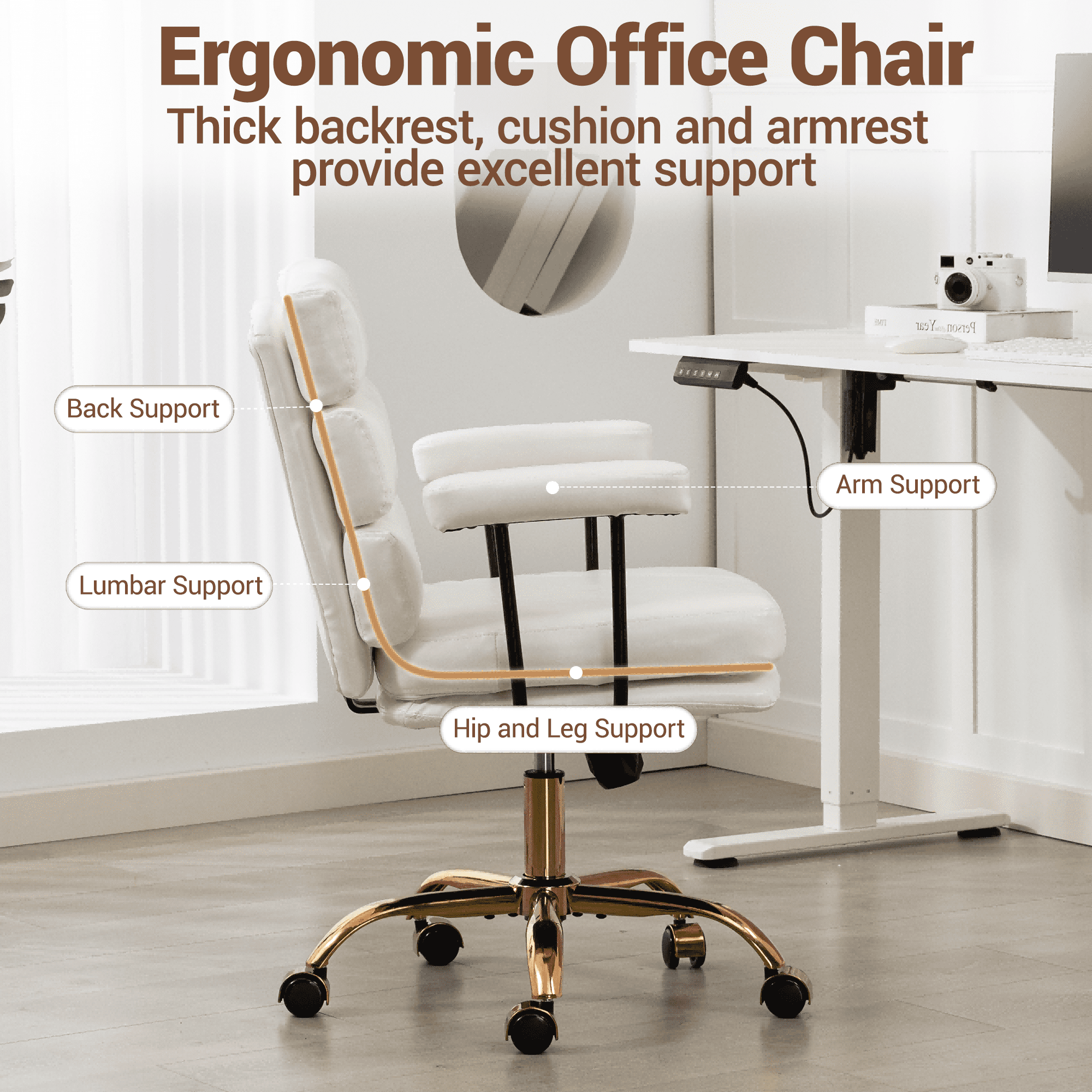 WENTUM Office Chair,Mid Back Home Office Desk Task Chair, Ergonomic PU Leather Computer Rolling Swivel Chair with Padded Armrest, White