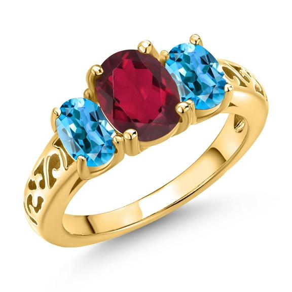 Gem Stone King 18K Yellow Gold Plated Silver Ruby Red Mystic Topaz and Swiss Blue Topaz Filigree Style 3 Stone Ring for Women (2.40 Cttw, Oval 8X6MM and 6X4MM) (Size 5)
