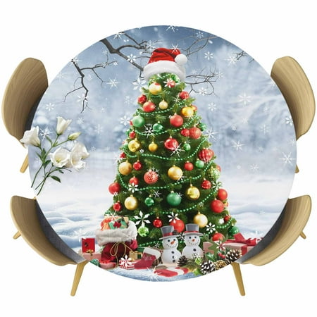 Christmas Tree Round Tablecloth Fitted Table Cover with Elastic for 55 -60 Round Tables Xmas Snowflake Tree Balls Showman Table Cloth Outdoor Indoor Dinning Party Waterproof Tablecloths