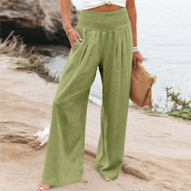 TQWQT Wide Leg Pants for Women White Flowy Wide Leg High Waisted Palazzo  Beach Pants Summer,White S