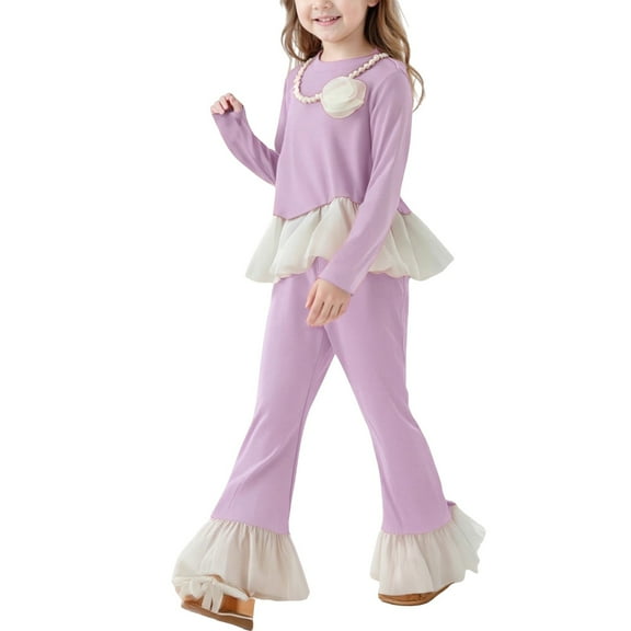 Mercatoo Girls 2 Pcs Set Ruffl𝗲 Sleeves Top Flared Pants 𝗗ressy Casual Outfits Lace Ruffl𝗲 H𝗲m​​ Clothing Set with Detachable Necklace
