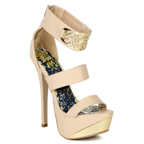 Qupid BB88 Women Leatherette Metallic Embellished Open Toe Platform Stiletto Sandal Heel