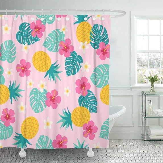 KSADK Pink Beach Pineapple and Tropical Flowers Cute Aloha Blossom Botanical Exotic Flora Shower Curtain 66x72 inch