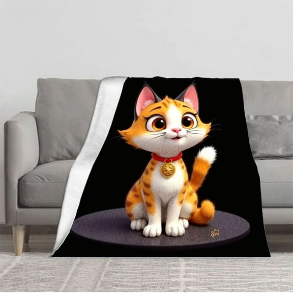 Cozy Flannel Blanket - Soft Warm Durable Perfect for Sofa Travel & Bed - Stylish Cartoon Cat Design with Orange & White