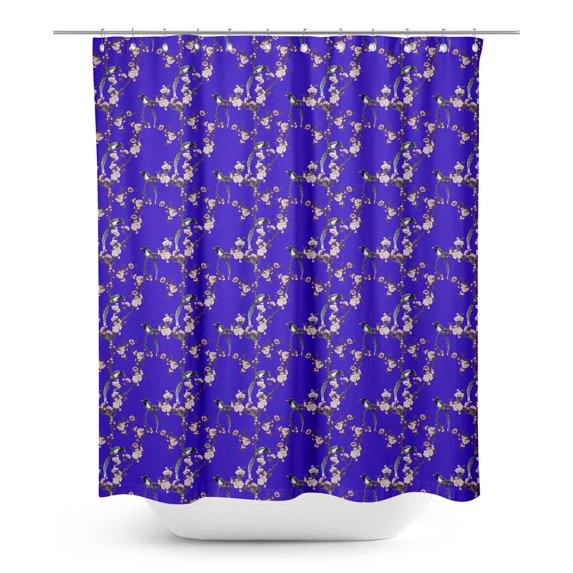 S4Sassy Blue Blossom & Paradise Whydah Bird Decorative Waterproof Printed Shower Curtain Roller Hooks Drapes-60 x 70 Inch