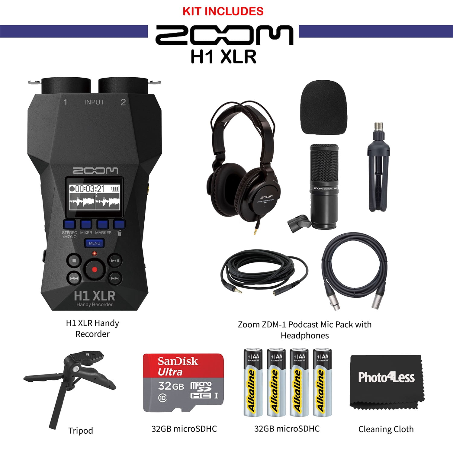 Zoom H1 XLR Handy Recorder, Bundle with Zoom ZDM-1 Podcast Microphone, Headphones, Windscreen, XLR Cable, Tabletop Stand, Tripod Grip, 32GB micro SD Card, AA Batteries (4 Pack)