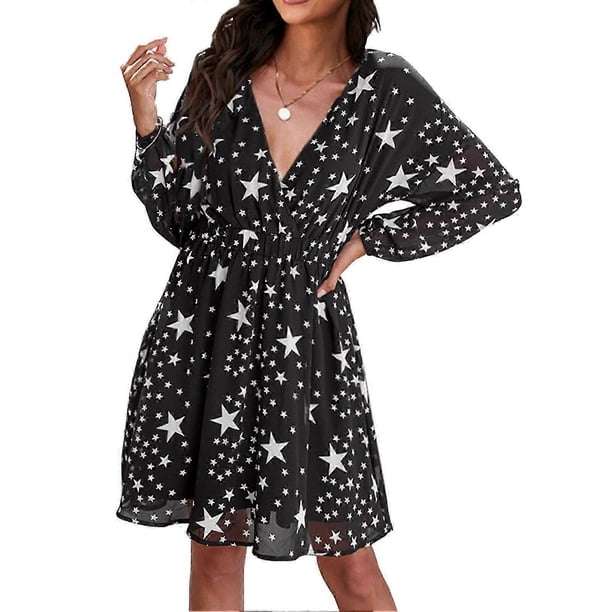 Vestido de manga larga con escote en V, estampado de estrellas y cintura elástica. Vestido de moda para mujer.