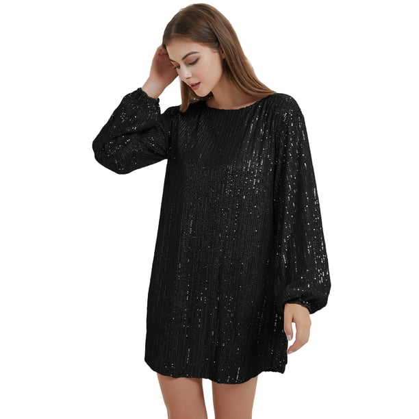 Feinuhan Women's Sparkly Sequins Party Dress Long Sleeve Crew Neck Elegant Loose Fashion Dresses, Black, Large Feinuhan Women's Sparkly Sequins Party Dress Long Sleeve Crew Neck Elegant Loose Fashion Dresses, Black, Large
