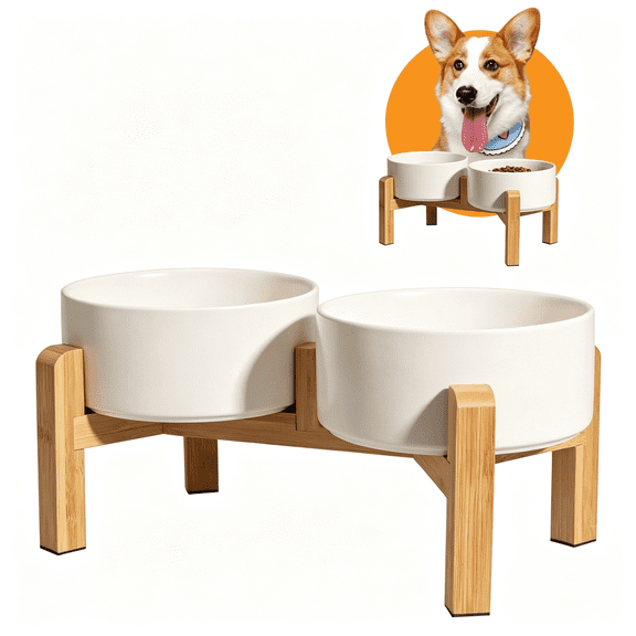 ACDANC Elevated Ceramic Dog Bowl Set - Raised Dog Bowls with Non-Slip Bamboo Stand - Dog Food and Water Bowl Set - Double Dog Feeding Bowls - Suitable for Small and Medium Dogs