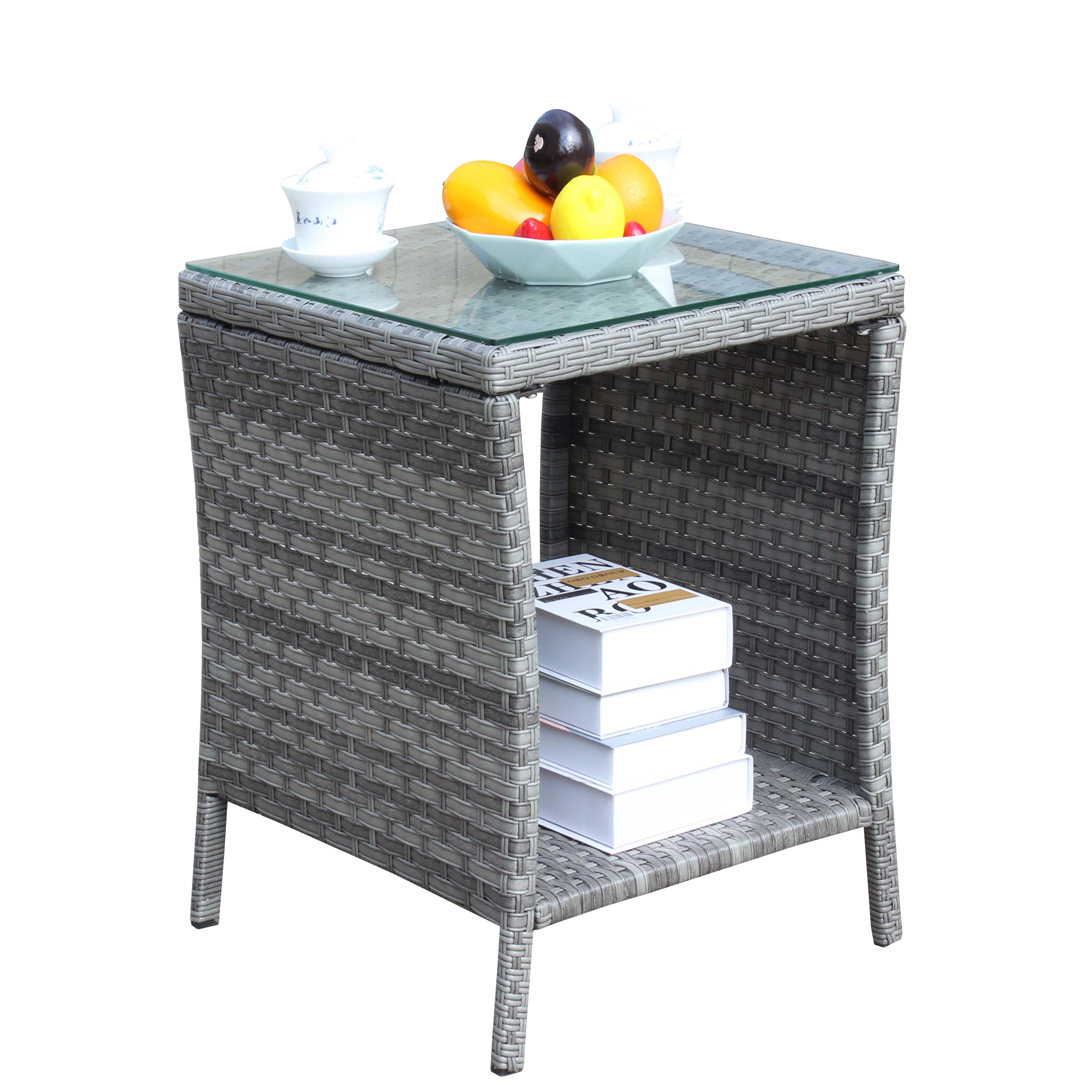 PE Rattan Outdoor Patio Coffee Table with 0.2 Inch Clear Tempered Glass Top, 19.25×19.25×21 Inch Steel Frame Side Table, 120LBS Weight Capacity Weather Resistant Garden Deck Table