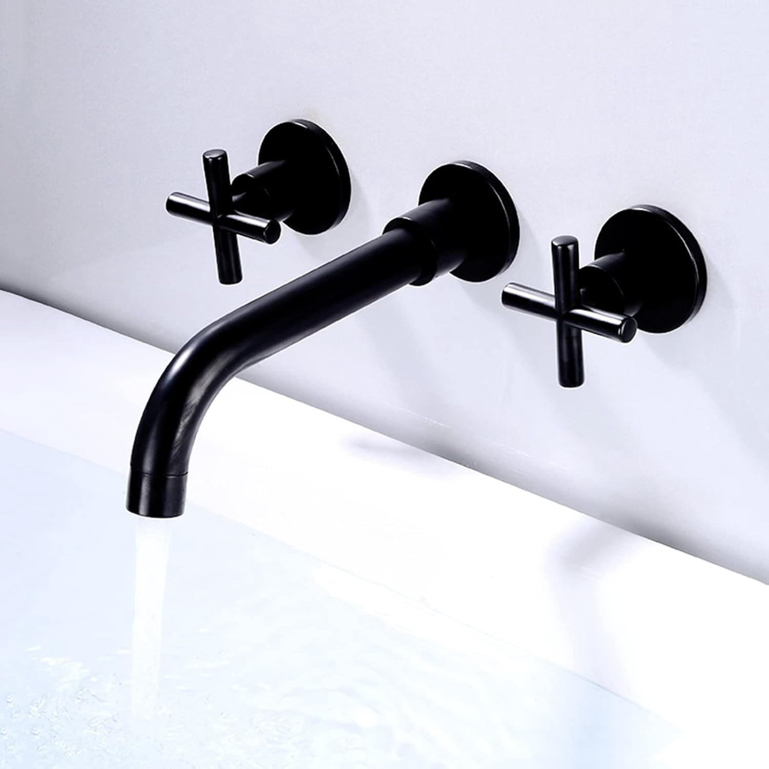 Wall Mounted Bathroom Sink Faucet, Solid Brass, 360 Swivel Spout Sink Faucet, Double Cross Handles, Wall Mount Bathroom Faucet, Black