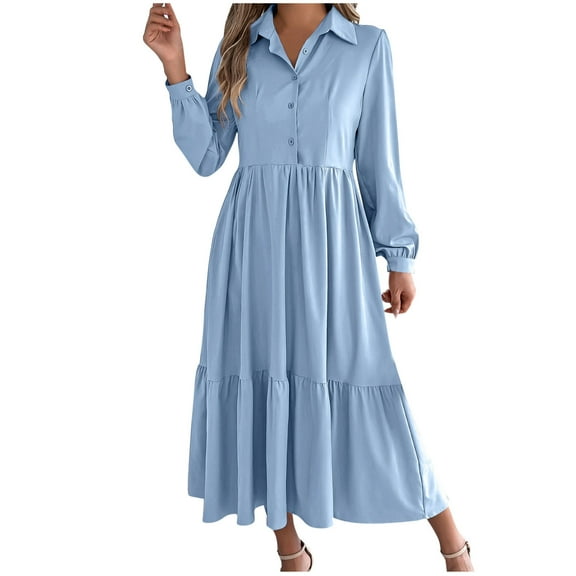 Women Casual 3/4 Sleeve Shirt Dress Button Down V Neck Tiered Collared Flowy Maxi Dress 2025 Summer Beach Sundresses