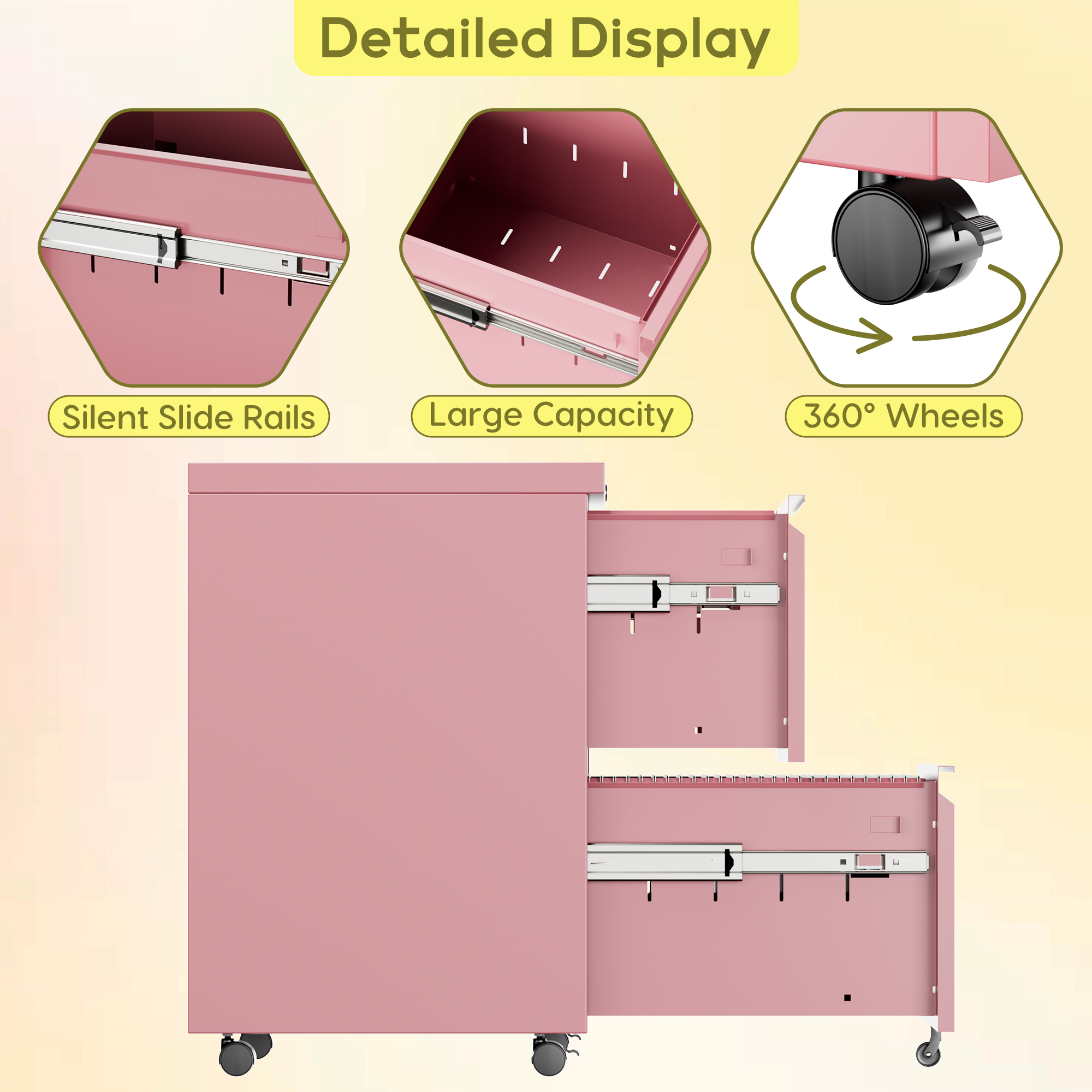 Gaeanet 2 Drawer Mobile File Cabinet, Lockable Metal Filing Cabinet with Wheels for Home Office, Legal/Letter Size,Pink,Fully Assembled Except Wheels