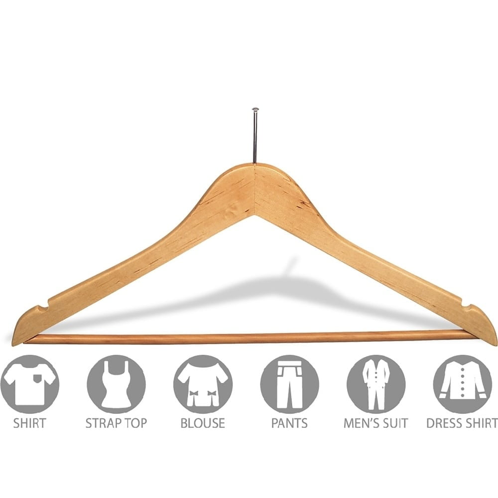 Flat Anti-Theft Sui Hanger with Walnut Finish and P-Nail, (Box of 50) Security Hangers with Solid Wood Bar for Retail and Hospitality