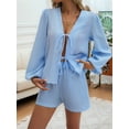 thumbnail image 2 of Women'S 2 Piece Outfits Set Long Sleeve Tie Front Top Short Set Casual Tracksuit Pajama Sets Blue L, 2 of 8