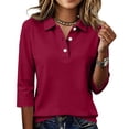 thumbnail image 2 of Women 3/4 Sleeve Collared Button Polo Shirts Solid Color Loose Casual Summer Work Daily Tops S, 2 of 4