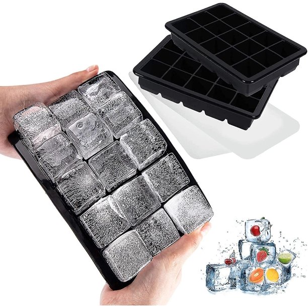 Molde para cubitos de hielo de 15 compartimentos, paquete de 2 bandejas grandes de silicona para cubitos de hielo con tapa, bandeja para cubitos de hielo apilable y que ahorra espa