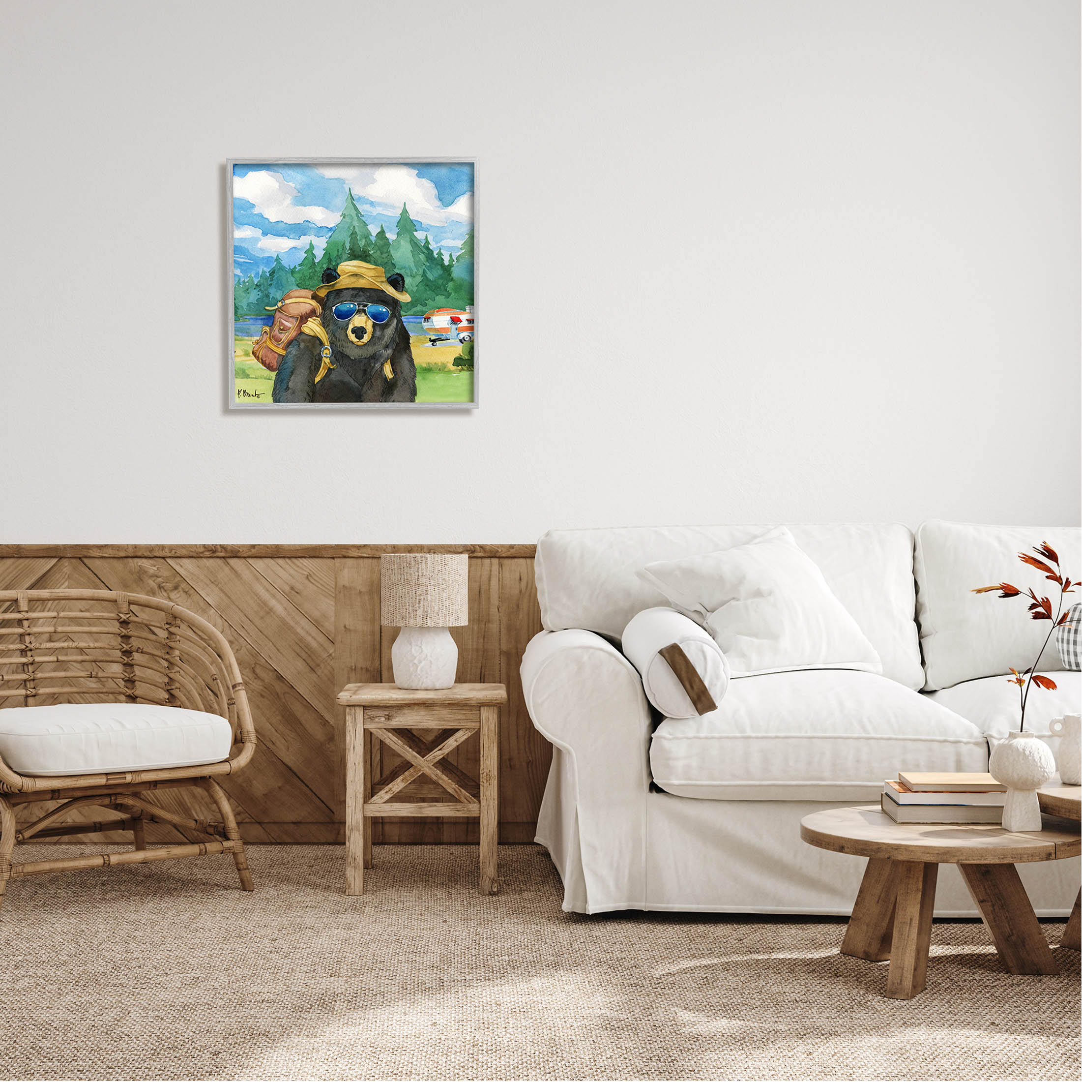 Stupell Industries Happy Camper Black Beer Hiker Painting Gray Framed Art Print Wall Art, Design by Paul Brent
