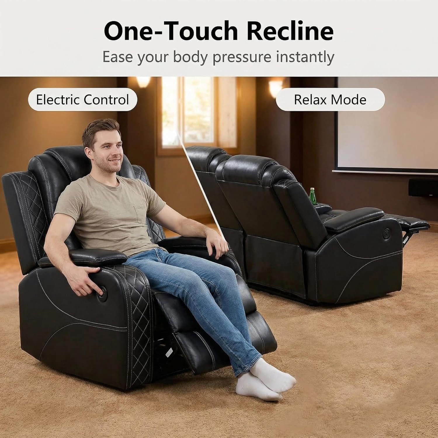 Power Reclining Leather Sofa Set, 3 Pieces Living Room Couch with LED, USB Ports, Cup Holders and Armrest Storage, Black