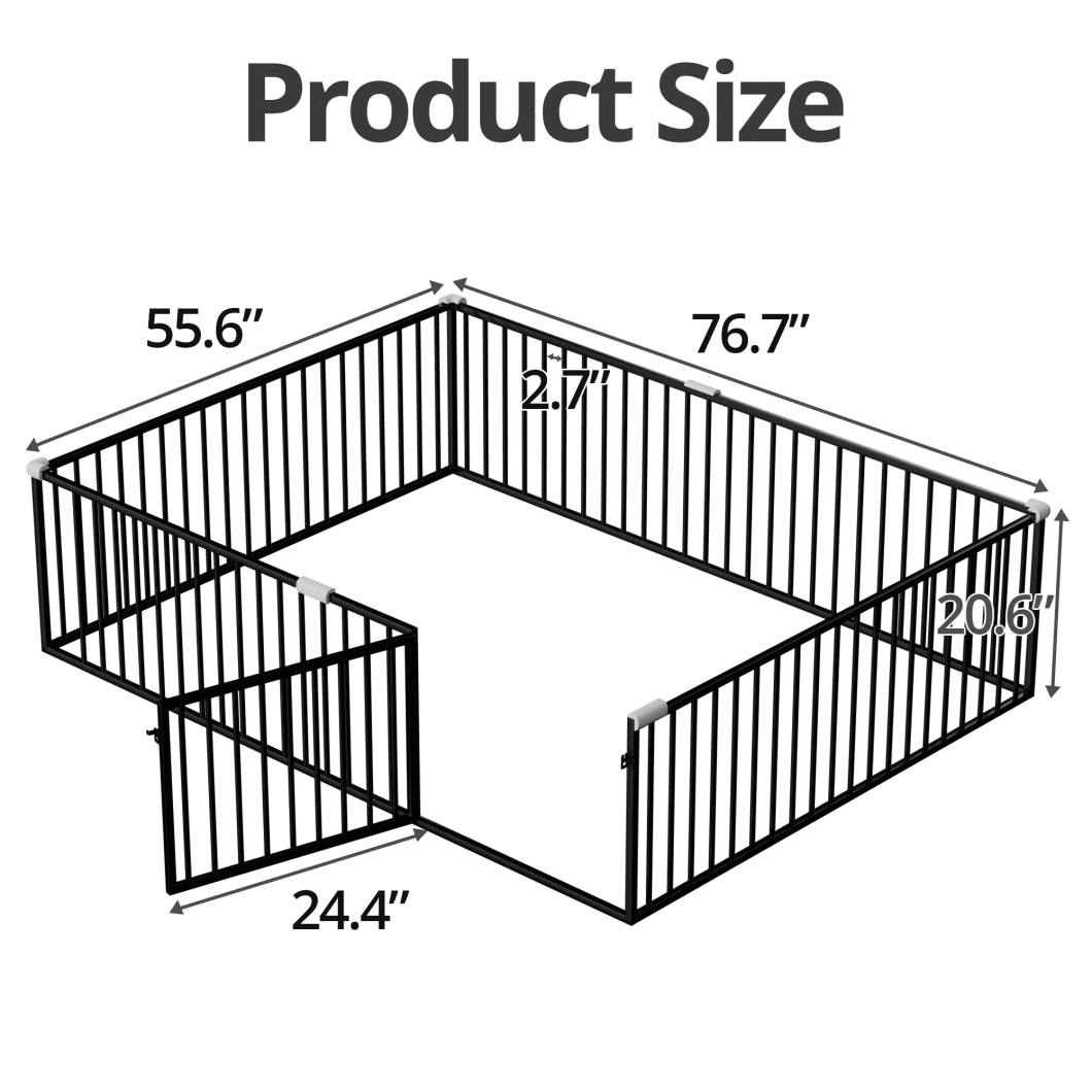 Full Size Metal Floor Bed Frame with Fence and Door, Montessori Bedframe, No Box Spring Needed, Easy to Install, Black