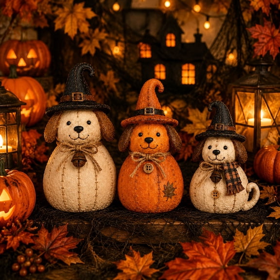 MMJ Set of 3 Vintage Witch Cat Dog Figurines Halloween Fall Mantel Shelf Decor Cloth Ornaments 7.87x5.51x4.33in