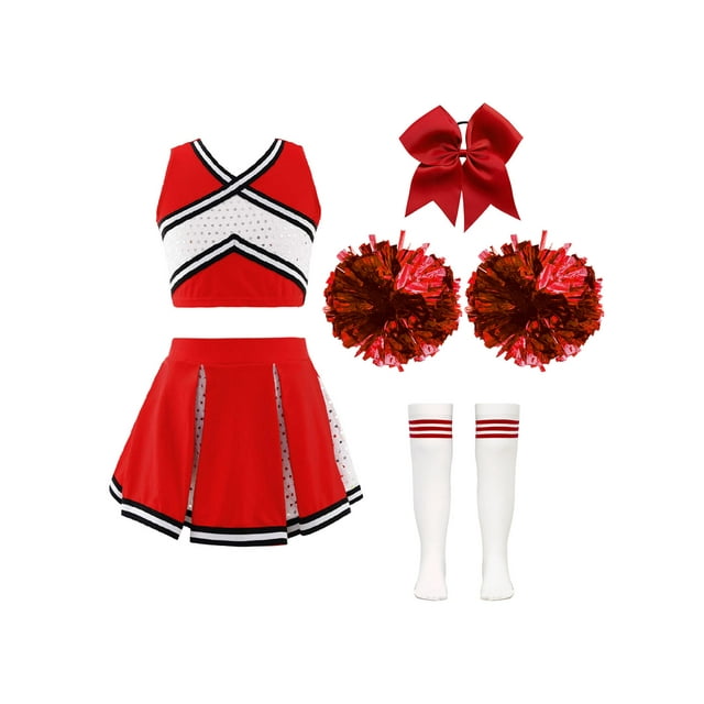 Miaeowve Tenues Brillantes de Cheerleading pour Filles Enfants Uniforme de Cheerleader Costume de Danse avec Pompons Couvre-Chef Ensemble de Chaussettes Tenue de Danse A Rouge 14
