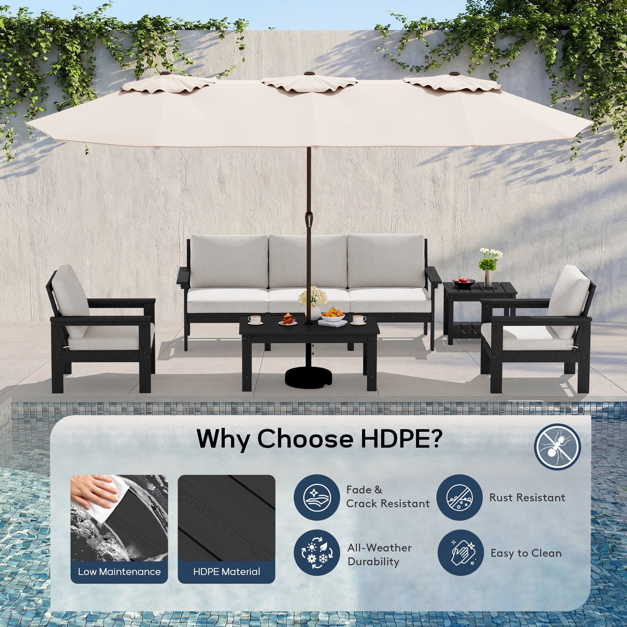 SERWALL Outdoor Patio Furniture Set, 7-Piece HDPE Outdoor Sofa Set Patio Conversation Set, Black Frame with Beige Cushions