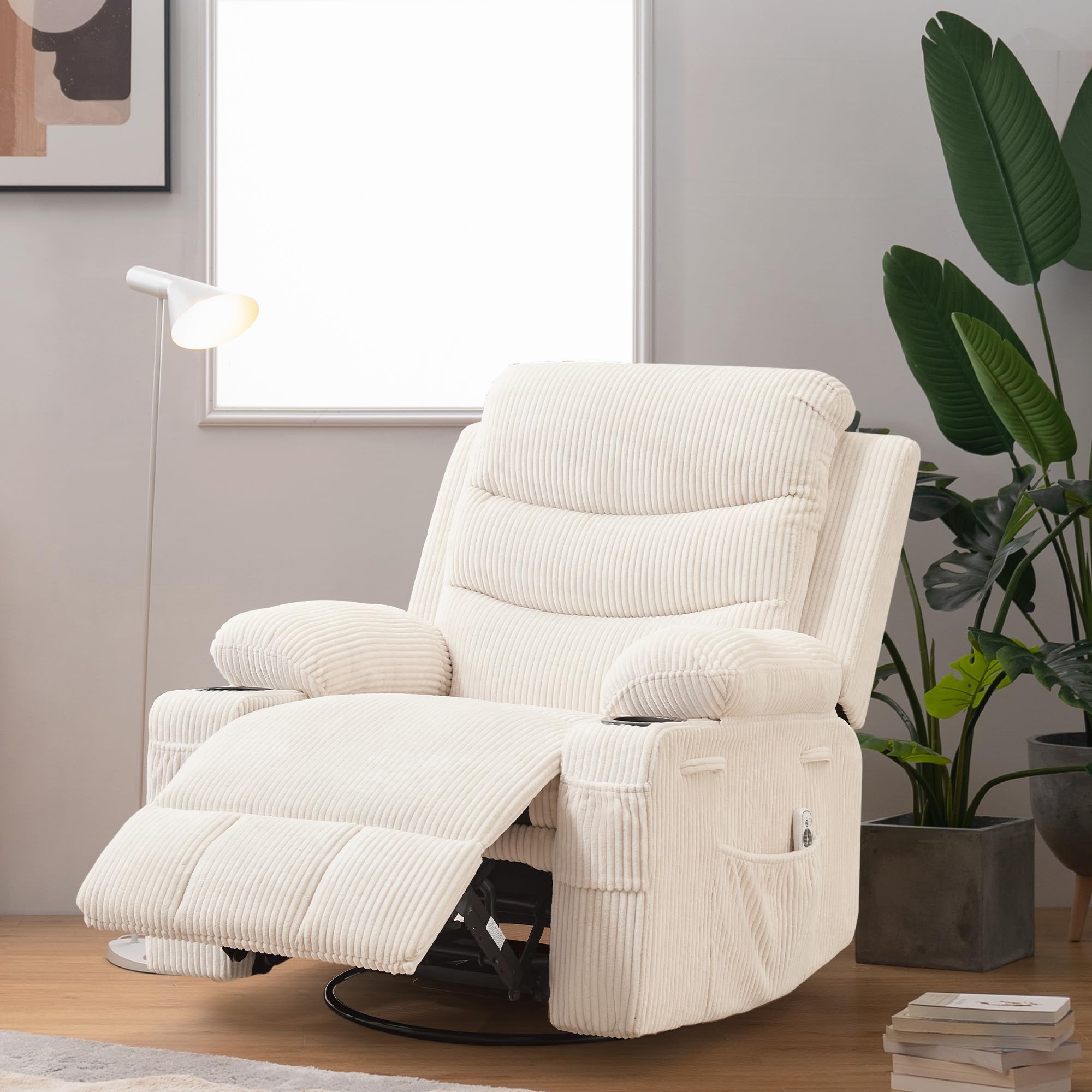 Recliner Chair Nursery, Oversized Manual Reclining Rocking Chair, 360 Swivel Glider with Cup Holder, Massage and Heat Recliner, Indoor Small Single Sofa Chairs for Adults RV Bedroom, Beige/Grey/Brown